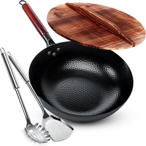  Homeries Carbon Steel Wok Pan, Stir Fry Wok Set with Wooden Lid and Spatulas Non Stick Flat Bottom Wok Frying Pan Suitable for Electric, Induction, and Gas Stoves 12.5