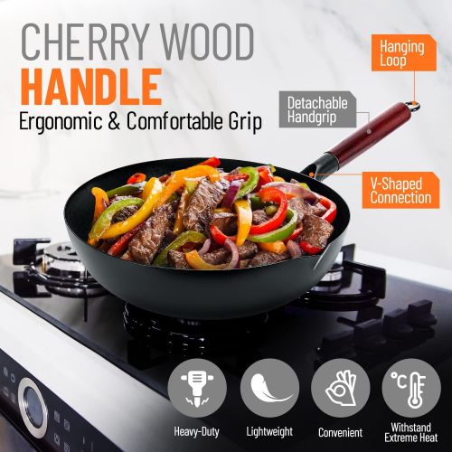  Homeries Carbon Steel Wok Pan, Stir Fry Wok Set with Wooden Lid and Spatulas Non Stick Flat Bottom Wok Frying Pan Suitable for Electric, Induction, and Gas Stoves 12.5