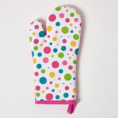  Homescapes Ofenhandschuh Polka Dots Multi, pink gelb blau gruen ca. 18 x 32 cm, Topfhandschuh aus 100% reiner Baumwolle mit Polyesterfuellung, waschbarer Kochhandschuh