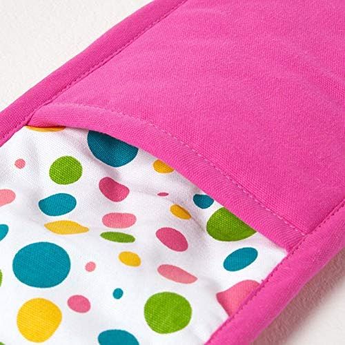  Homescapes Doppelter Ofenhandschuh Polka Dots Multi, pink gelb blau gruen ca. 18 x 84 cm, Topfhandschuh doppelt aus 100% reiner Baumwolle mit Polyesterfuellung, waschbarer Doppel-Ofe