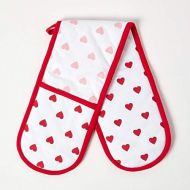 Homescapes Doppelter Ofenhandschuh Hearts, rosa rot weiss ca. 18 x 84 cm, Topfhandschuh doppelt aus 100% reiner Baumwolle mit Polyesterfuellung, waschbarer Doppel-Ofenhandschuh