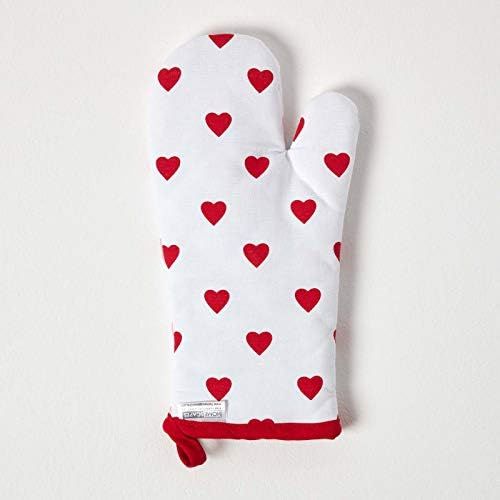  Homescapes Ofenhandschuh Hearts, rosa rot weiss ca. 18 x 32 cm, Topfhandschuh aus 100% reiner Baumwolle mit Polyesterfuellung, waschbarer Kochhandschuh