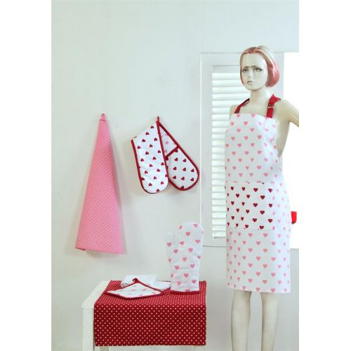  Homescapes Kochschuerze Hearts, rosa rot weiss aus 100% reiner Baumwolle Groesse: 80 x 85 cm, waschbare Kuechenschuerze mit Bauchtasche.