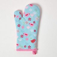 Homescapes Ofenhandschuh Birds and Flowers, rosa blau ca. 18 x 32 cm, Topfhandschuh aus 100% reiner Baumwolle mit Polyesterfuellung, waschbarer Kochhandschuh