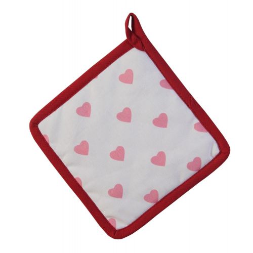  Homescapes Topflappen Hearts, rosa rot weiss ca. 20 x 20 cm, Untersetzer aus 100% reiner Baumwolle mit Polyesterfuellung, waschbarer Topfuntersetzer