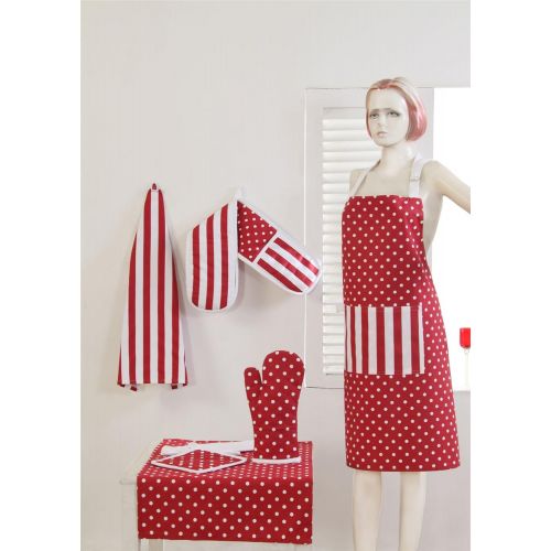  Homescapes Kochschuerze Polka Dots, rot weiss aus 100% reiner Baumwolle Groesse: 80 x 85 cm, waschbare Kuechenschuerze mit Bauchtasche.