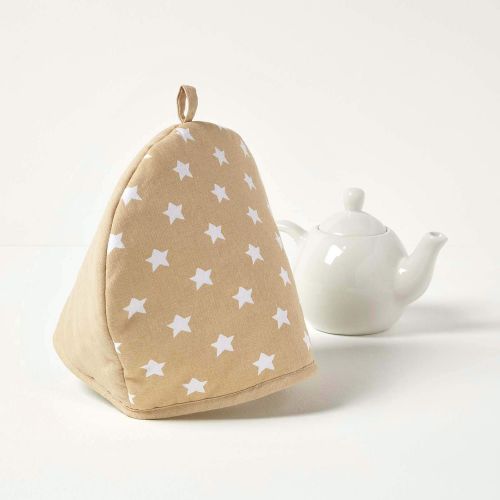  Homescapes Teekannenwarmer Stars beige Design Tea Cosy Kannenwarmer 100% Baumwolle