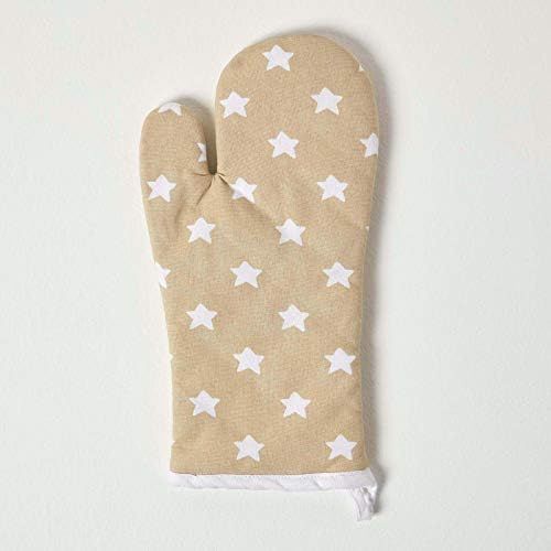  Homescapes Ofenhandschuh Stars, beige weiss ca. 18 x 32 cm, Topfhandschuh aus 100% reiner Baumwolle mit Polyesterfuellung, waschbarer Kochhandschuh