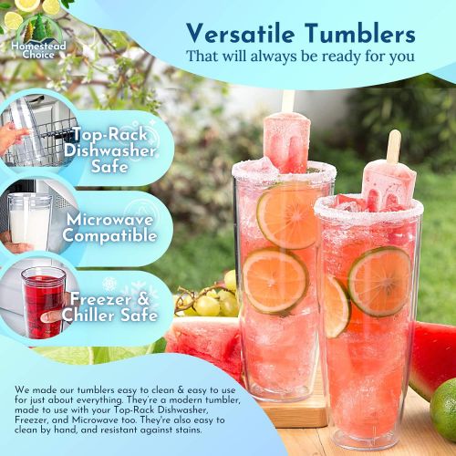  Homestead Choice Insulated Tumblers 4-pack 26 oz Made in USA Great for Iced Coffee & Hot Drinks, Clear Double Wall Plastic Tumbler Cups, Microwave, Freezer & Top Rack Dishwasher Safe Reusable Cups