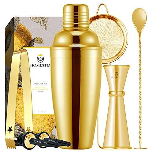  [아마존베스트]Homestia Gold Cocktail Shaker Set Bartender Kit Stainless Steel 24oz Martini Shaker, Muddle Spoon, Double Jigger, Fine Strainer, Ice Tong, 2 Liquor Pour Spout Barware Gift Set