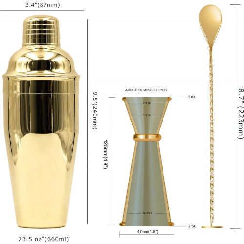  [아마존베스트]Homestia Gold Cocktail Shaker Set Bartender Kit Stainless Steel 24oz Martini Shaker, Muddle Spoon, Double Jigger, Fine Strainer, Ice Tong, 2 Liquor Pour Spout Barware Gift Set