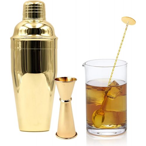  [아마존베스트]Homestia Gold Cocktail Shaker Set Bartender Kit Stainless Steel 24oz Martini Shaker, Muddle Spoon, Double Jigger, Fine Strainer, Ice Tong, 2 Liquor Pour Spout Barware Gift Set