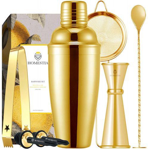  [아마존베스트]Homestia Gold Cocktail Shaker Set Bartender Kit Stainless Steel 24oz Martini Shaker, Muddle Spoon, Double Jigger, Fine Strainer, Ice Tong, 2 Liquor Pour Spout Barware Gift Set