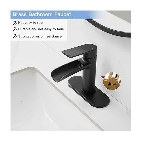  Homevacious Black Waterfall Bathroom Faucet Brass Bathroom Sink Faucet Single Handle Vanity Faucets 1 Hole with Pop Up Drain Assembly and Supply Lines Modern Lavatory Mixer Tap Deck Mount Matte Black