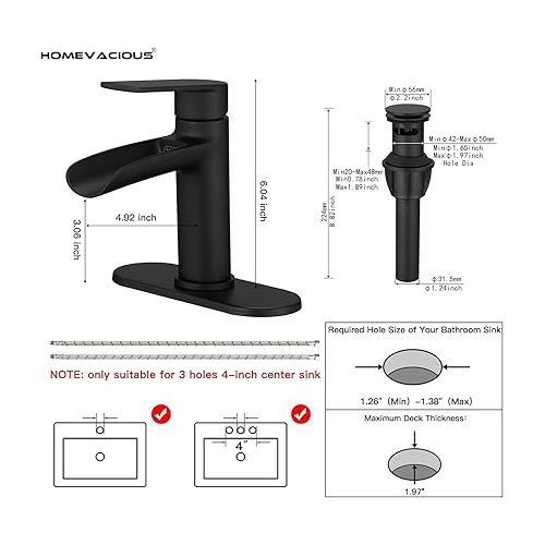  Homevacious Black Waterfall Bathroom Faucet Brass Bathroom Sink Faucet Single Handle Vanity Faucets 1 Hole with Pop Up Drain Assembly and Supply Lines Modern Lavatory Mixer Tap Deck Mount Matte Black