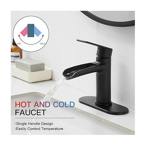  Homevacious Black Waterfall Bathroom Faucet Brass Bathroom Sink Faucet Single Handle Vanity Faucets 1 Hole with Pop Up Drain Assembly and Supply Lines Modern Lavatory Mixer Tap Deck Mount Matte Black