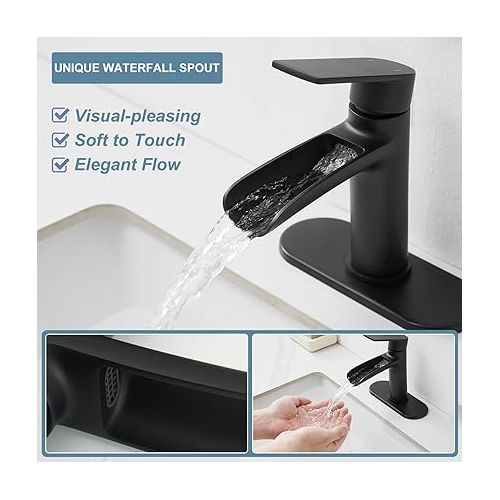  Homevacious Black Waterfall Bathroom Faucet Brass Bathroom Sink Faucet Single Handle Vanity Faucets 1 Hole with Pop Up Drain Assembly and Supply Lines Modern Lavatory Mixer Tap Deck Mount Matte Black