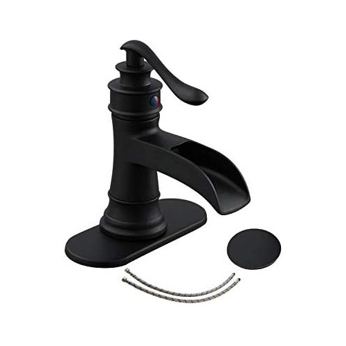  Homevacious Black Bathroom Faucet Matte Waterfall Sink Farmhouse Vanity Single Hole Faucets One Handle Basin Antique centerset with Pop Up Drain Stopper Mixer Tap Overflow Supply Line Lead-Fre