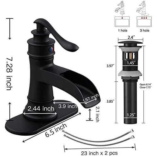  Homevacious Black Bathroom Faucet Matte Waterfall Sink Farmhouse Vanity Single Hole Faucets One Handle Basin Antique centerset with Pop Up Drain Stopper Mixer Tap Overflow Supply Line Lead-Fre