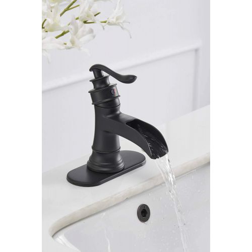  Homevacious Black Bathroom Faucet Matte Waterfall Sink Farmhouse Vanity Single Hole Faucets One Handle Basin Antique centerset with Pop Up Drain Stopper Mixer Tap Overflow Supply Line Lead-Fre