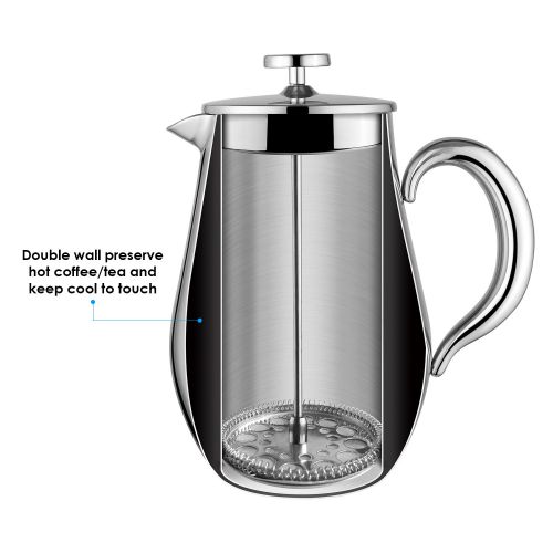  Homfa French Press 1 Liter Kaffeebereiter Teebreiter doppelwandig mit Warmhaltefunktion Kaffeekanne aus Edelstahl Franzoesische Kaffeepresse Schwarz