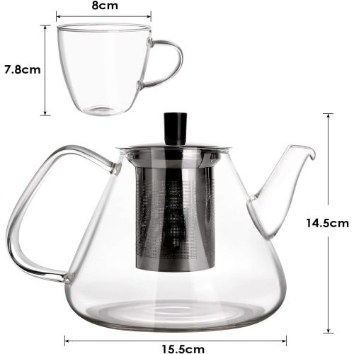  Homfa Glas Teekanne Set mit Siebeinsatz Edelstahl 1350mL Kapazitat mit 4 Glasern Hitzebestandig Transparent Glatt Beheizbar aus Borosilikatglas Tee-Set