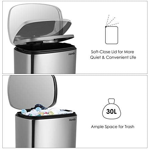  [아마존베스트]Homfa Kitchen Trash Can, 8 Gallon(30L) Fingerprint Proof Stainless Steel Garbage Can with Removable Inner Bucket and Hinged Lids, Pedal Rubbish Bin 13.6Lx9.5Wx25H inch Home Office,