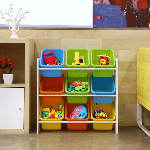  Homfa Toddlers Toy Storage Organizer with 9 Multiple Color Plastic Bins Shelf Drawer for Kids Bedroom Playroom, White Rack