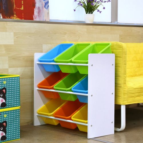  Homfa Toddlers Toy Storage Organizer with 9 Multiple Color Plastic Bins Shelf Drawer for Kids Bedroom Playroom, White Rack