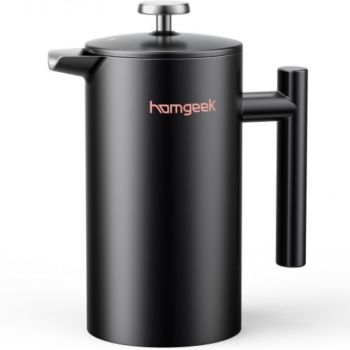  homgeek French Press Kaffeebereiter 1 Liter/8 Tassen, Doppelwandige Isolierte Kaffeekanne und Teebereiter, Handfilter Kaffeepresse mit Plunger aus Edelstahl 304 und Zusatzlicher Er