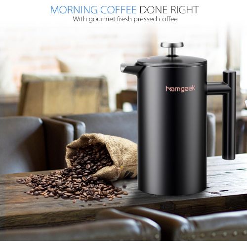  homgeek French Press Kaffeebereiter 1 Liter/8 Tassen, Doppelwandige Isolierte Kaffeekanne und Teebereiter, Handfilter Kaffeepresse mit Plunger aus Edelstahl 304 und Zusatzlicher Er