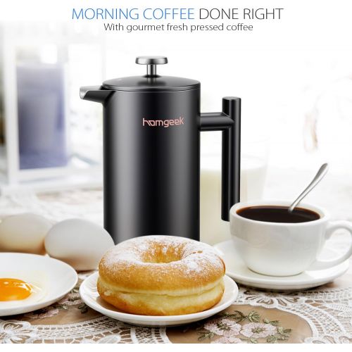  homgeek French Press Kaffeebereiter 1 Liter/8 Tassen, Doppelwandige Isolierte Kaffeekanne und Teebereiter, Handfilter Kaffeepresse mit Plunger aus Edelstahl 304 und Zusatzlicher Er