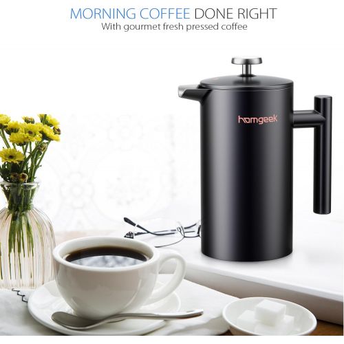  homgeek French Press Kaffeebereiter 1 Liter/8 Tassen, Doppelwandige Isolierte Kaffeekanne und Teebereiter, Handfilter Kaffeepresse mit Plunger aus Edelstahl 304 und Zusatzlicher Er