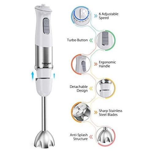  Stabmixer, homgeek 2 in 1 Stabmixer Set Edelstahl, 1000 Watt Puerierstab mit Schneebesen, 6 Geschwindigkeiten Einstellbar, 2 Scharf Edelstahl-Mixfuss, EasyClick System, Weiss [2020 Ne