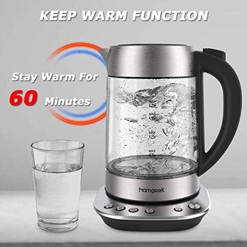  Wasserkocher, Homgeek Wasserkocher mit Temperatureinstellung, 1,7L, 2200W, Wasserkocher Glas mit Warmhaltefunktion 60min, BPA-Frei