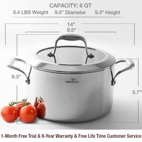  Homichef HOMI CHEF Mirror Polished NICKEL FREE Stainless Steel 6 QT(Quart) Stock Pot/Soup Pot with Glass Lid (No Toxic Non Stick Coating, Whole-Clad 3-Ply) - Cookware Pots And Pans Sets 101