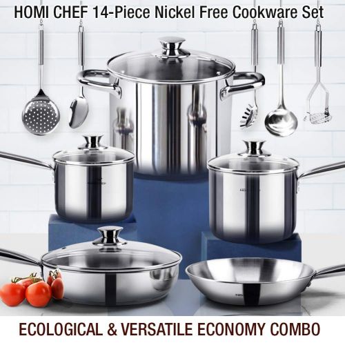  Homichef HOMI CHEF 14-Piece Nickel Free Stainless Steel Cookware Set - Nickel Free Stainless Steel Pots and Pans Set - Stainless Steel Non-Toxic Cookware Set - Stainless Steel Healthy Induc