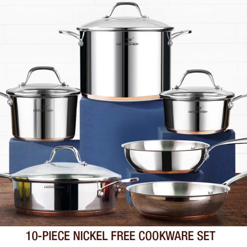  Homichef HOMI CHEF 10-Piece Nickel Free Stainless Steel Cookware Set Copper Band - Nickel Free Stainless Steel Pots and Pans Set - Healthy Cookware Set Stainless Steel - Non-Toxic Induction