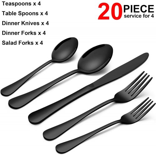  [아마존베스트]Homikit 20-Piece Black Silverware Flatware Set for 4, Stainless Steel Eating Utensils Cutlery Includes Knives/Spoons/Forks, Tableware for Home Restaurant Party, Dishwasher Safe, Mi