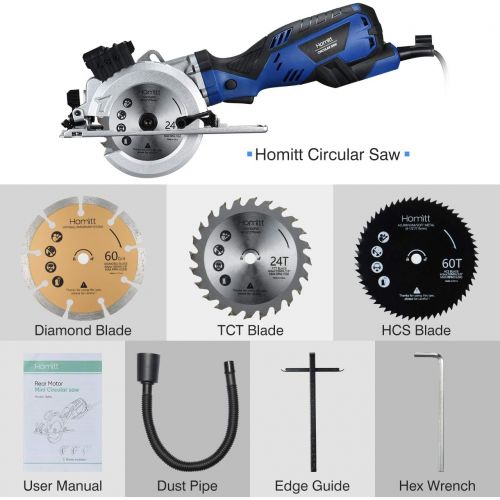  [아마존 핫딜] Circular Saw, Homitt 5.8A 3500RPM Compact Saw with Laser Guide, 3 Saw Blades(4-1/2), Max Cutting Depth 1-11/16(90°), 1-1/8(45°), Ideal for Soft Metal, PVC, Wood, Tile and Plastic C