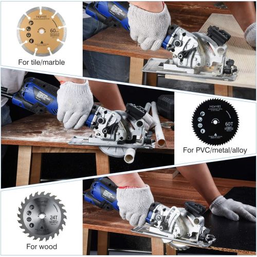  [아마존 핫딜] Circular Saw, Homitt 5.8A 3500RPM Compact Saw with Laser Guide, 3 Saw Blades(4-1/2), Max Cutting Depth 1-11/16(90°), 1-1/8(45°), Ideal for Soft Metal, PVC, Wood, Tile and Plastic C