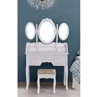 Homy Casa Inc Homycasa Vanity Table Set with Folding Oval Mirror Makeup Dressing Table 7 Drawers and Cushioned Stool,White