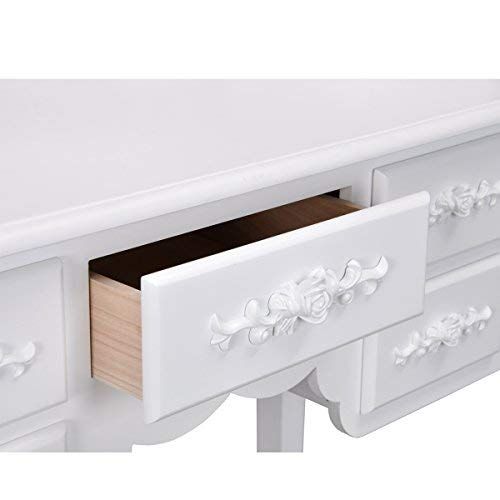  Homy Casa Inc Homycasa Vanity Table Set with Folding Oval Mirror Makeup Dressing Table 7 Drawers and Cushioned Stool,White