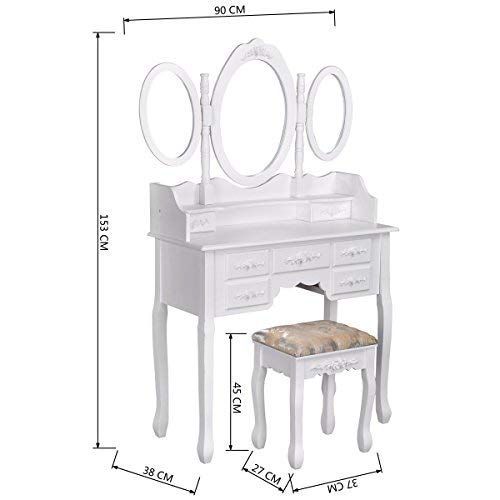  Homy Casa Inc Homycasa Vanity Table Set with Folding Oval Mirror Makeup Dressing Table 7 Drawers and Cushioned Stool,White