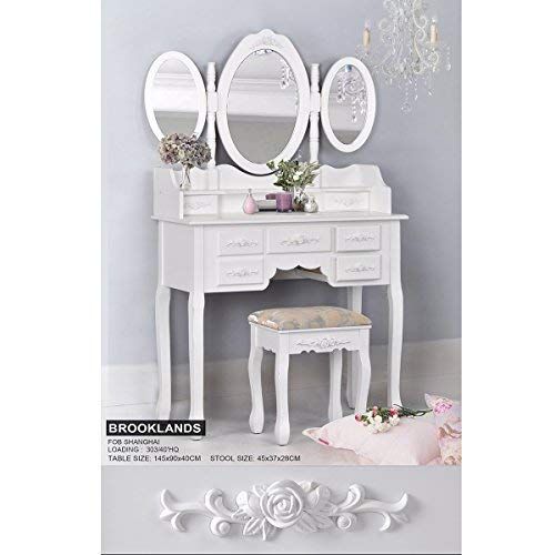  Homy Casa Inc Homycasa Vanity Table Set with Folding Oval Mirror Makeup Dressing Table 7 Drawers and Cushioned Stool,White