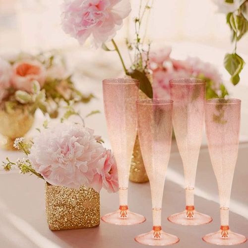  [아마존베스트]Homy Feel Gold Glitter Plastic Pink Wine Glasses 30 Pack, Champagne Flutes Disposable for New Years Eve Party,Plastic Champagne Flutes,Mimosa Bar Glasses