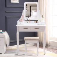Honbay HONBAY Makeup Vanity Set with Mirror and Cushioned Stool Dressing Table 5 Drawers White