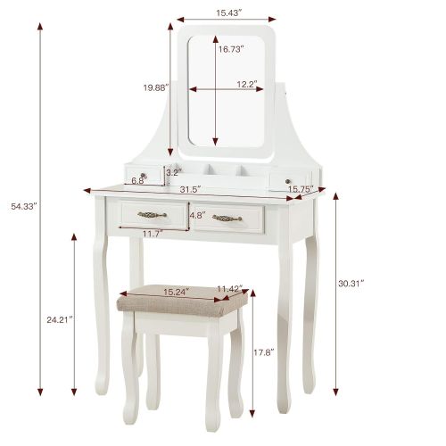  Honbay HONBAY Makeup Vanity Set with Mirror and Cushioned Stool Dressing Table 5 Drawers White