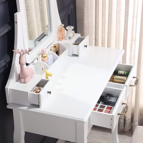  Honbay HONBAY Makeup Vanity Set with Mirror and Cushioned Stool Dressing Table 5 Drawers White