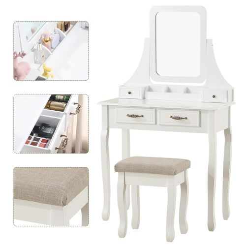  Honbay HONBAY Makeup Vanity Set with Mirror and Cushioned Stool Dressing Table 5 Drawers White